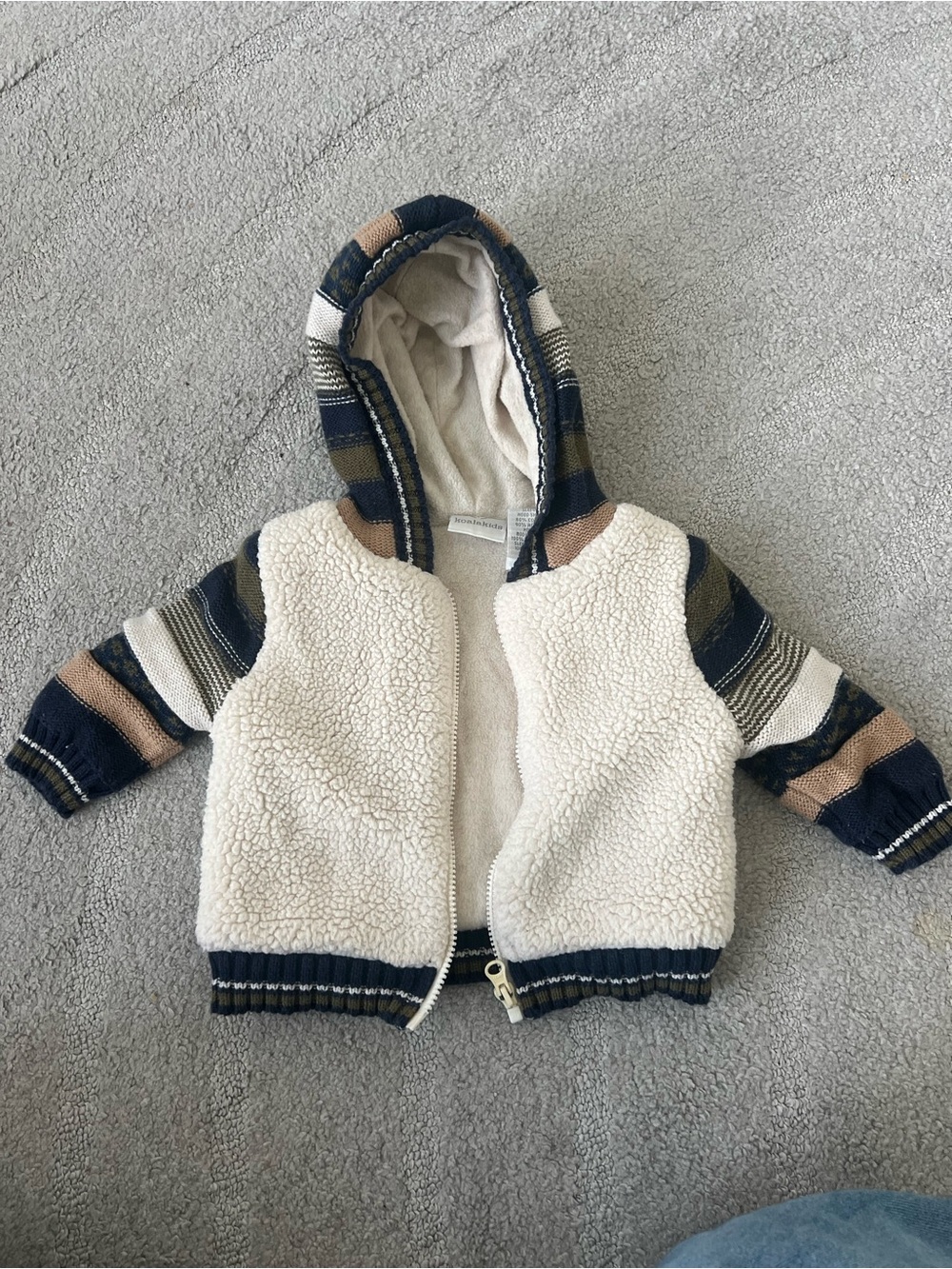 Koala Kids Cream Sherpa Hoodie with Navy & Tan Striped Knit Sleeves